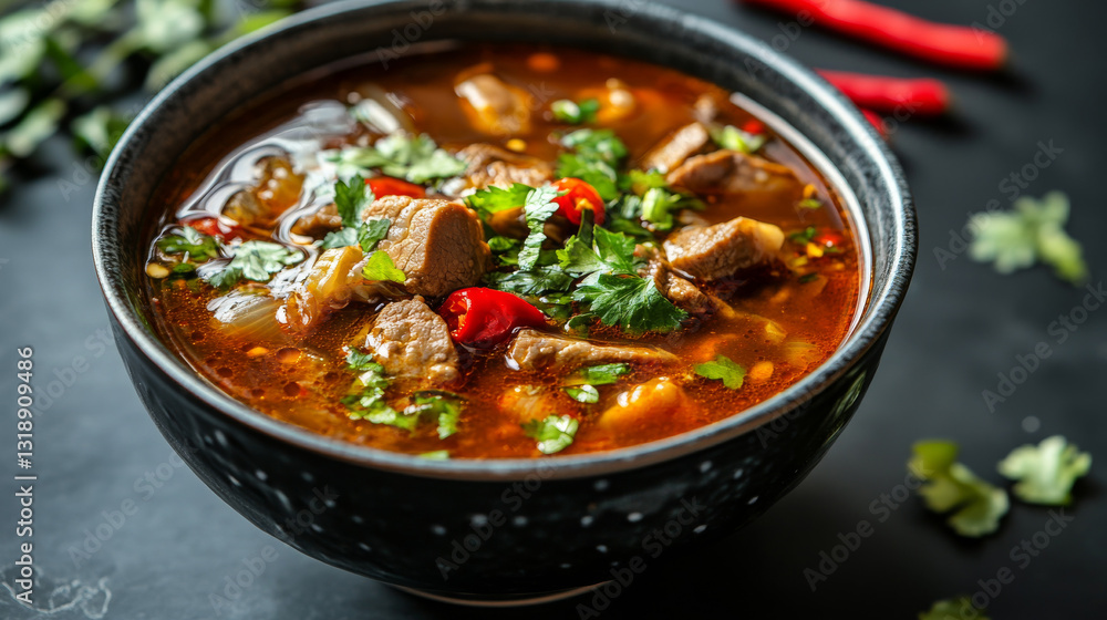 A traditional soup made by simmering meticulously cleaned beef, chicken, or fish intestines with seasonings like red pepper paste, soy sauce, garlic, and ginger A traditional soup made by simmering meticulously cleaned beef, chicken, or fish intestines with seasonings like red pepper paste, soy sauce, garlic, and ginger