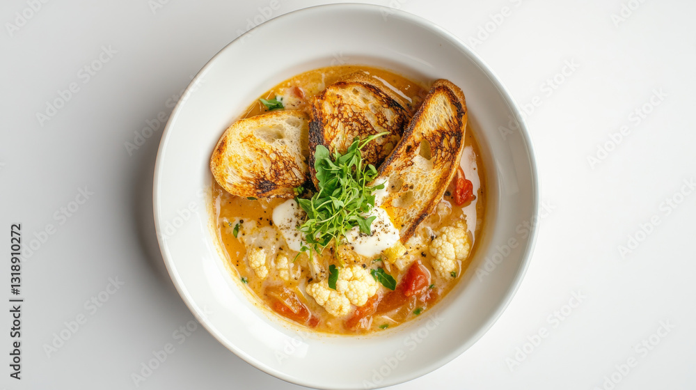 A warm bowl of creamy cauliflower soup served with toasted bread, elegantly presented against a white background A warm bowl of creamy cauliflower soup served with toasted bread, elegantly presented against a white background