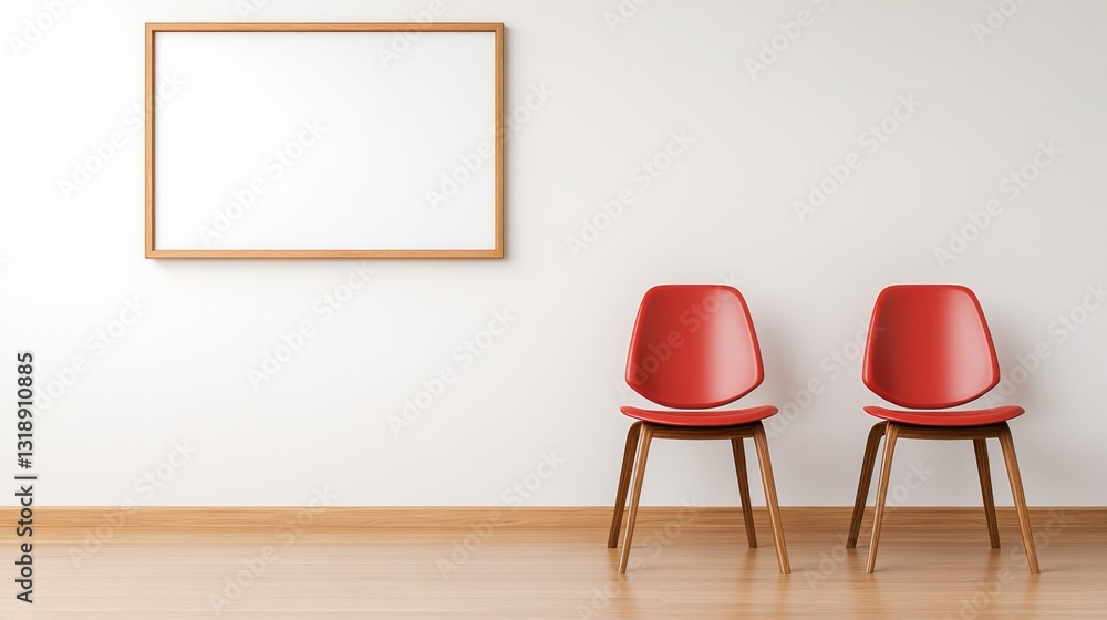 Fototapeta premium Waiting Room Minimalism: Two stylish red chairs stand ready beneath a framed blank canvas, symbolizing anticipation and potential within a modern, minimalist space. 