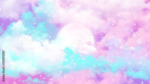 Fényképezés night sky moon and stars with unicorn pastel color fluffy clouds, fairy tale and
