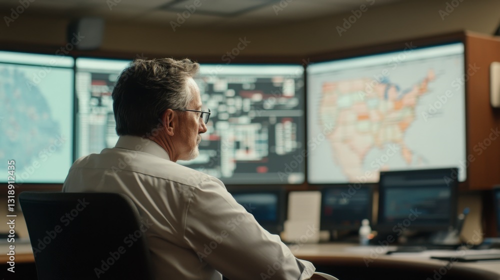 Overseeing the Operation: An executive monitors data on screens. This image evokes a sense of responsibility, expertise, and control. Overseeing the Operation: An executive monitors data on screens. This image evokes a sense of responsibility, expertise, and control.