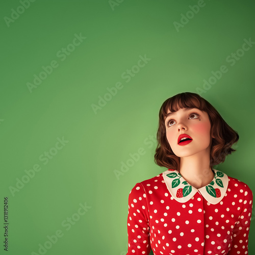 Studio portrait of surprised woman with red lips,  looking up, open mouth, cute with lovely fresh fruit style, candid girl naive look, a little childish, wearing strawberry polka dots dress isolated