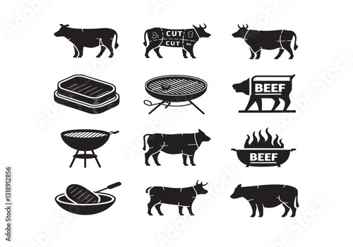 Grilling Clipart Set: Beef, BBQ Tools, Cow Icons High-Quality Vector Pack