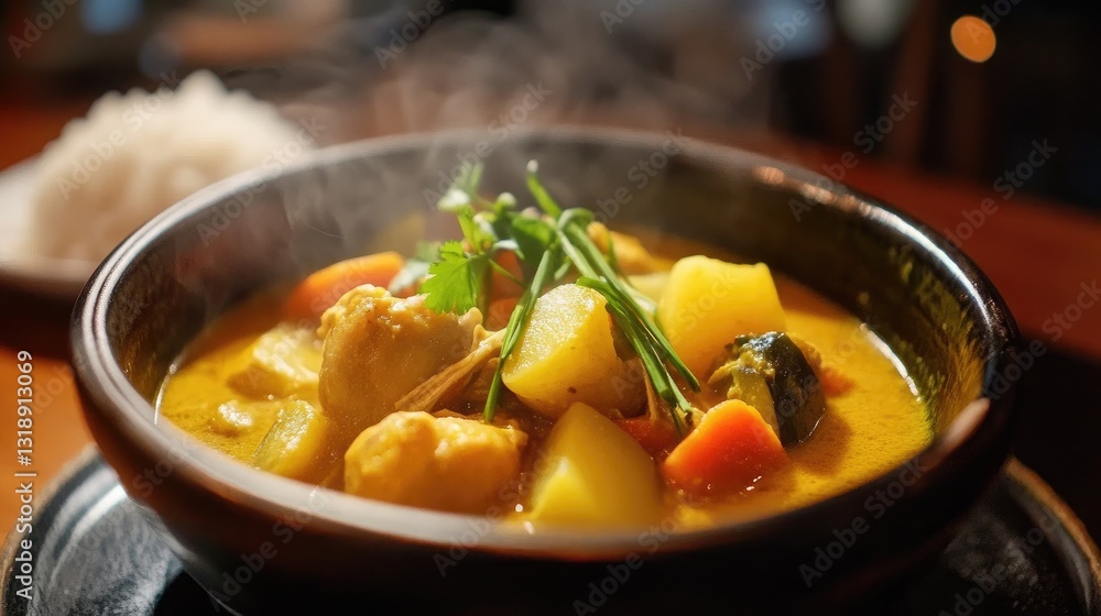 Delicious steaming bowl of curry with vegetables and chicken served with rice on a wooden table in a cozy restaurant setting Delicious steaming bowl of curry with vegetables and chicken served with rice on a wooden table in a cozy restaurant setting