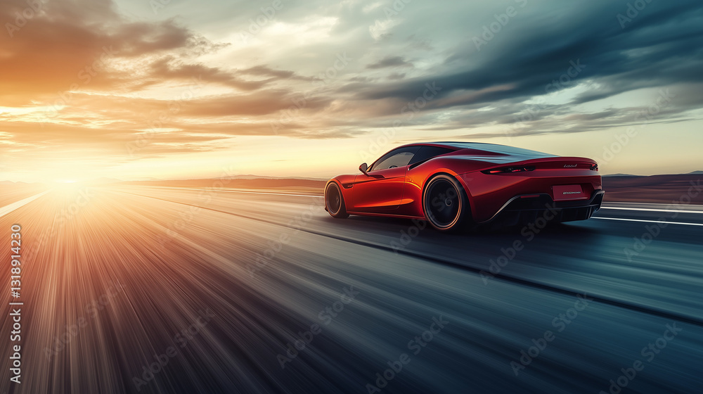 Naklejka premium A luxury sports car speeds along the deserted highway, the sunset adding a vibrant touch to the scene.