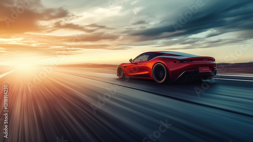 A luxury sports car speeds along the deserted highway, the sunset adding a vibrant touch to the scene.