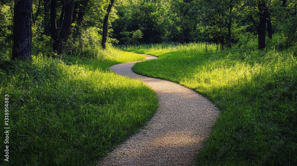 Obraz premium Winding pathway through meadow with gravel path and lush trees 