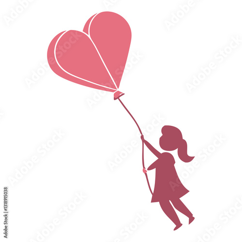 minimalist girl with heart balloon transparent png. vector silhouette girl with pink balloon. whimsical love illustration in vector art.
