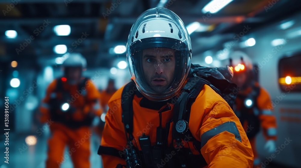 Astronauts in Crisis: Courageous astronauts in orange protective suits and helmets, race toward an unseen emergency inside a futuristic space station, radiating tension and determination. Astronauts in Crisis: Courageous astronauts in orange protective suits and helmets, race toward an unseen emergency inside a futuristic space station, radiating tension and determination.