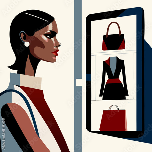 Stylish African-American woman looking at digital mirror with virtual fashion items, showing futuristic shopping and try-on tech. Concept: virtual shopping, fashion retail, AI