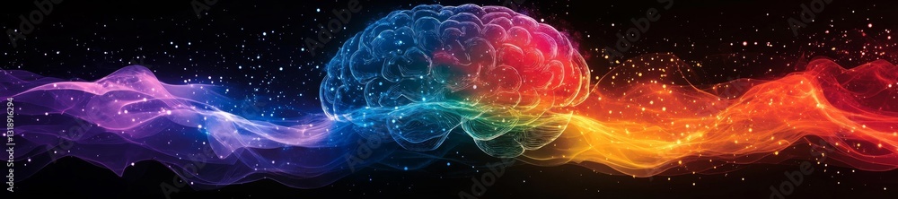 Obraz premium A radiant brain with colorful waves of energy surrounding it illustrating mental spectrum. Generative AI