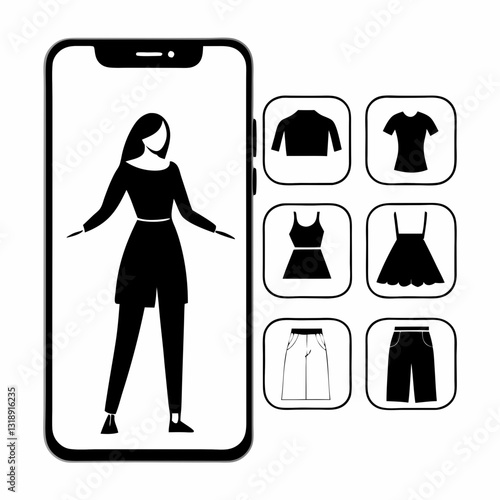 Smartphone displays female figure beside clothing thumbnails. Black and white minimalist illustration shows jacket, shirt, dress, skirt . Concept virtual fitting room, fashion tech, AI wardrobe app