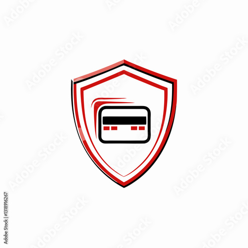 Red shield contains credit card in modern, clean design. Strong visual symbolism of financial protection on simple background. Concept payment security, fraud protection, secure banking.
