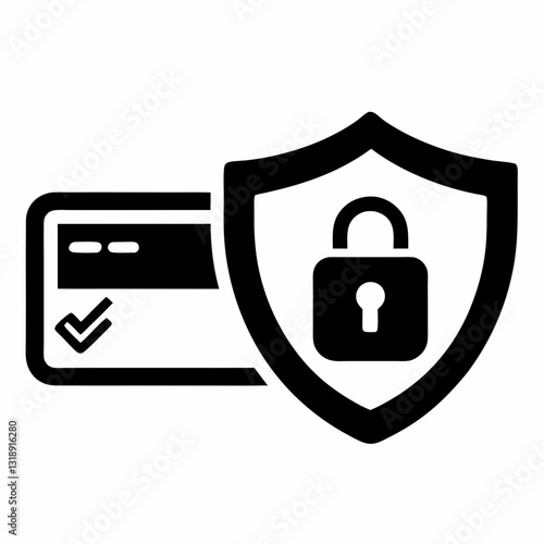 Black and white credit card protected by shield with padlock. Minimalist design emphasizes security elements on clean background. Concept payment processing, data protection, secure transactions.