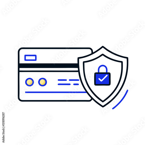 Credit card partially covered by shield with lock and checkmark. Simple blue and black line-art suggests secure transaction environment. Concept payment security, financial protection, online banking.