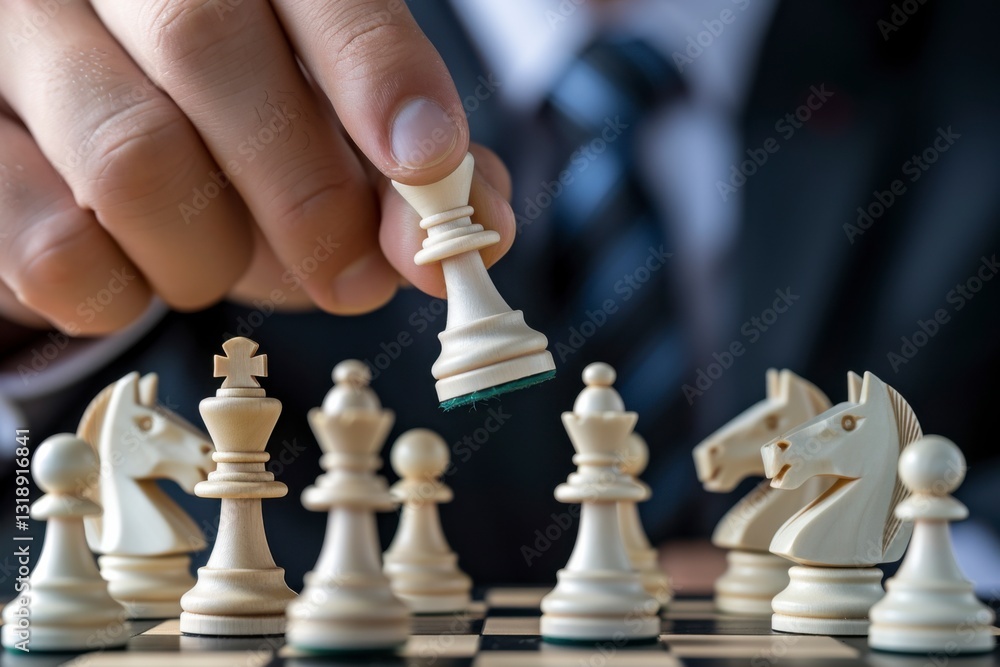 Strategic Move: A close-up captures a businessman's hand precisely positioning a chess piece, illustrating strategic planning in a dynamic and engaging business scenario. Strategic Move: A close-up captures a businessman's hand precisely positioning a chess piece, illustrating strategic planning in a dynamic and engaging business scenario.