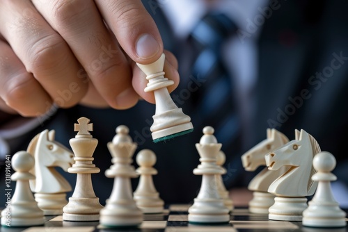 Wallpaper Mural Strategic Move: A close-up captures a businessman's hand precisely positioning a chess piece, illustrating strategic planning in a dynamic and engaging business scenario.  Torontodigital.ca