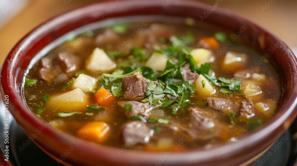 Traditional Uzbek lagman soup--an Asian delicacy featuring beef, noodles, sweet peppers, onions, and herbs in a flavorful broth Traditional Uzbek lagman soup--an Asian delicacy featuring beef, noodles, sweet peppers, onions, and herbs in a flavorful broth