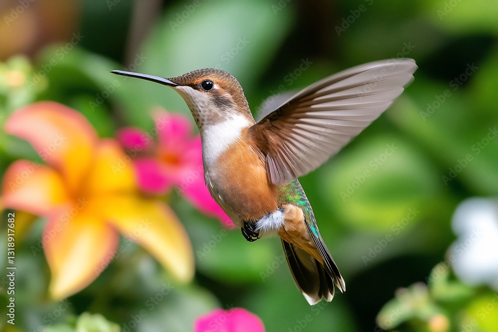 Fototapeta premium Hummingbird in flight, feeding among colorful flowers, blurred background