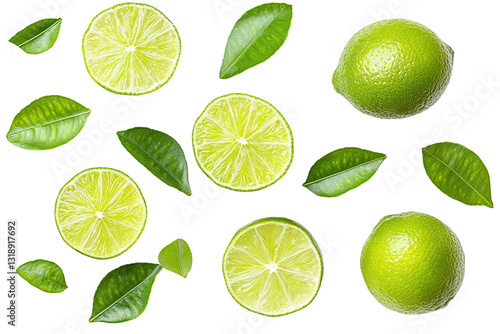 Fresh lime slices and leaves, vibrant design, isolated on transparent background © Rizki