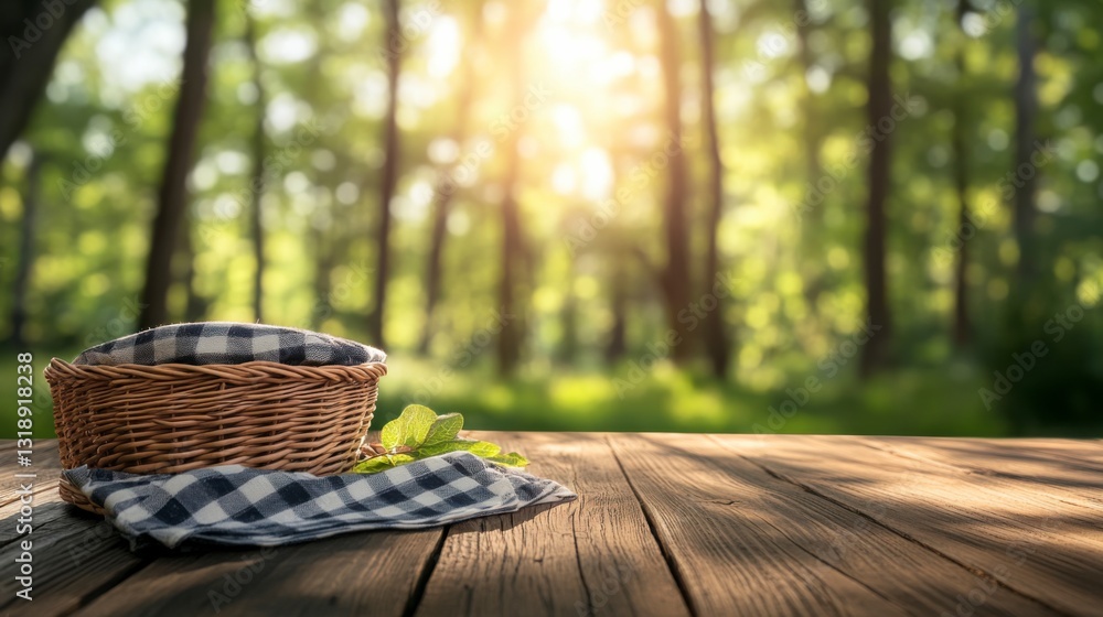 Fototapeta premium Picnic's Invitation: A rustic picnic basket, alongside a checkered cloth, rests invitingly on a wooden table with a blurred, sun-drenched forest backdrop.
