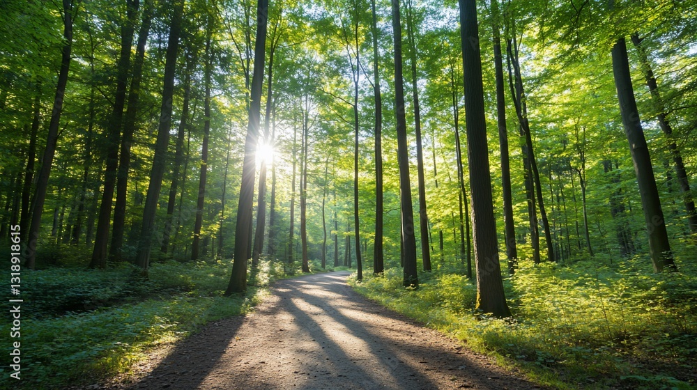 Obraz premium Sunlight shines through trees lining path in green forest, ideal for nature