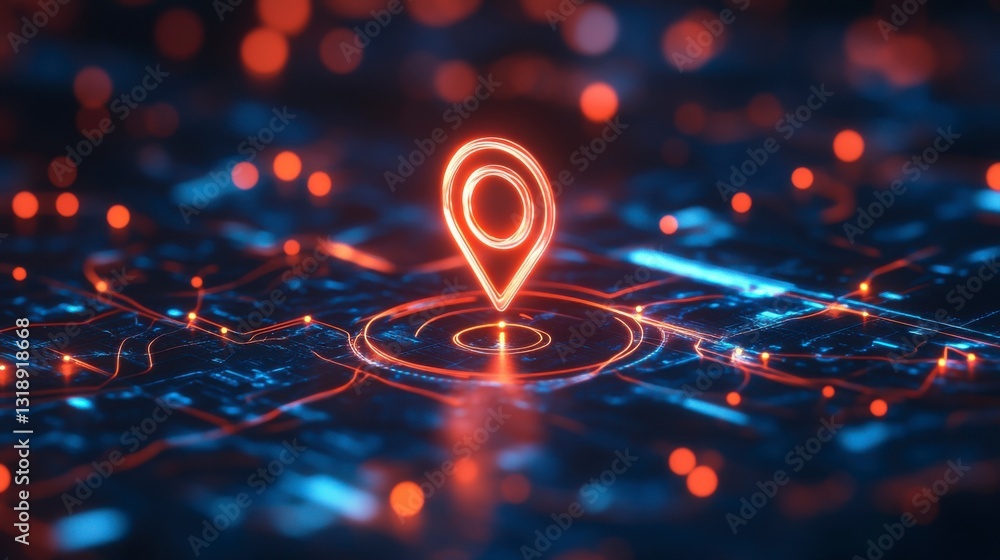 Digital Navigation: An eye-level shot of a glowing location pin illuminates a digital map Digital Navigation: An eye-level shot of a glowing location pin illuminates a digital map