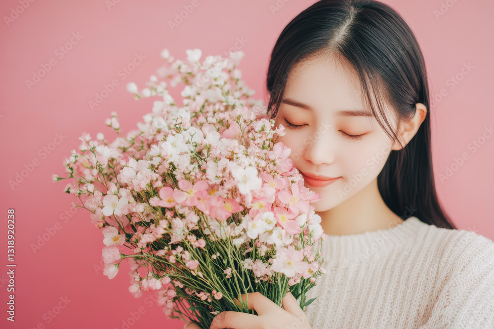Portrait of a beautiful smiling Chinese girl with a bouquet of spring flowers Portrait of a beautiful smiling Chinese girl with a bouquet of spring flowers