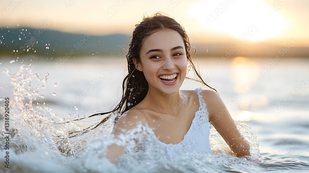 Obraz premium Joyful young woman enjoying a sunny day while splashing in water with a beautiful sunset backdrop