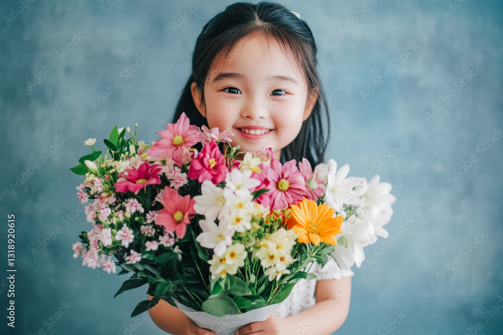 Portrait of a beautiful smiling Chinese girl kid with a bouquet of spring flowers Portrait of a beautiful smiling Chinese girl kid with a bouquet of spring flowers