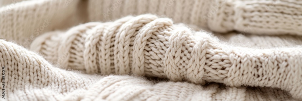 Cozy white knit fabric with detailed texture for warm clothing and accessories Cozy white knit fabric with detailed texture for warm clothing and accessories
