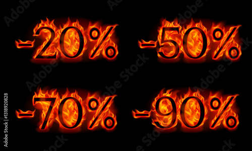 Set of burning discounts -20%, -50%, -70%, -90% isolated on a black background. Vector illustration. 
