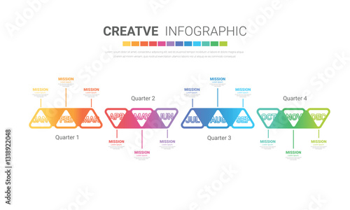 Infographic quarterly template for presentation 12 months in 4 quarter can be used for workflow layout, process diagram, flow chart.