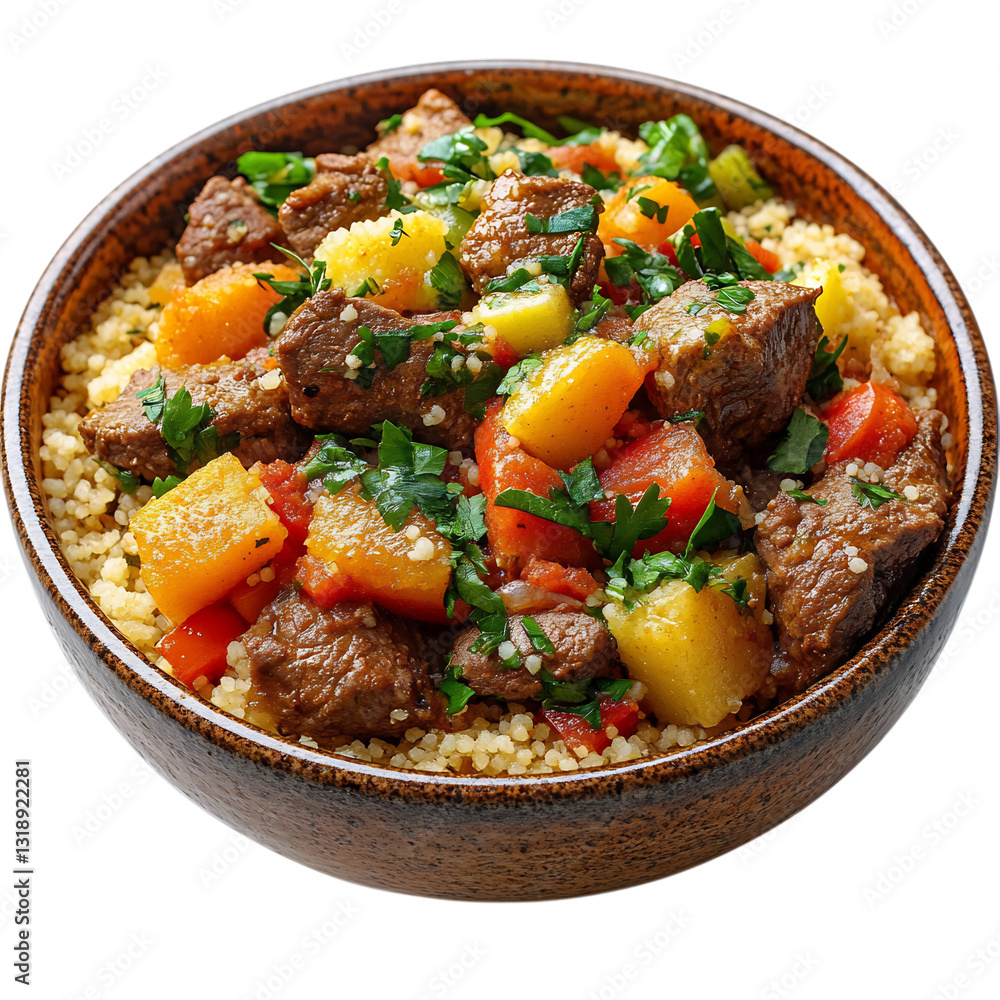 A Bowl of Moroccan Couscous Steamed Semolina Topped with Rice and Meat Isolated on Transparent Background A Bowl of Moroccan Couscous Steamed Semolina Topped with Rice and Meat Isolated on Transparent Background