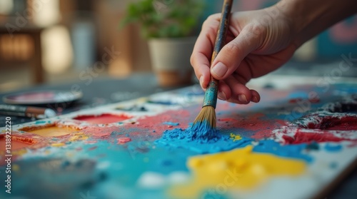 Creative Artist Mixing Vibrant Colors on a Palette During an Art Session Indoors