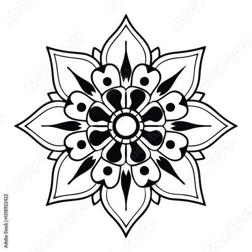
A minimalist mandala with a central circular motif,
 surrounded by concentric layers of simplistic shapes like squares, triangles,
 and petals. The black line art is clean and bold,
 standing against