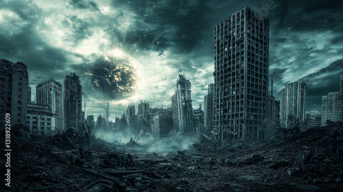 Post-apocalyptic cityscape with destroyed buildings and a glowing celestial body in the sky, creating a dystopian sci-fi atmosphere