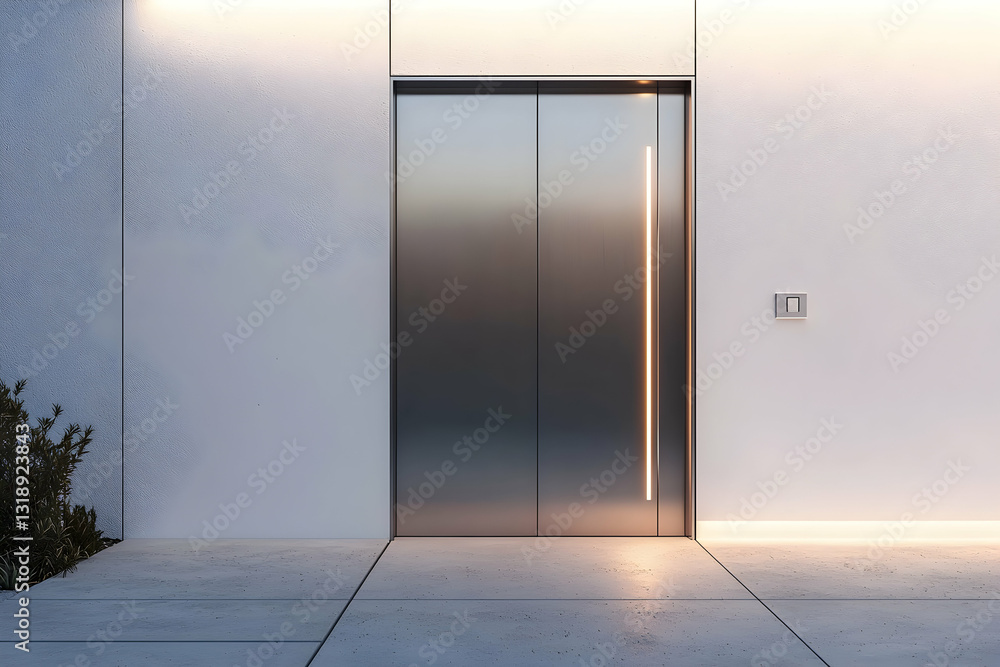 Minimalist Titanium Door with Subtle Lighting, Captured on a Sunny Day. Minimalist Titanium Door with Subtle Lighting, Captured on a Sunny Day.