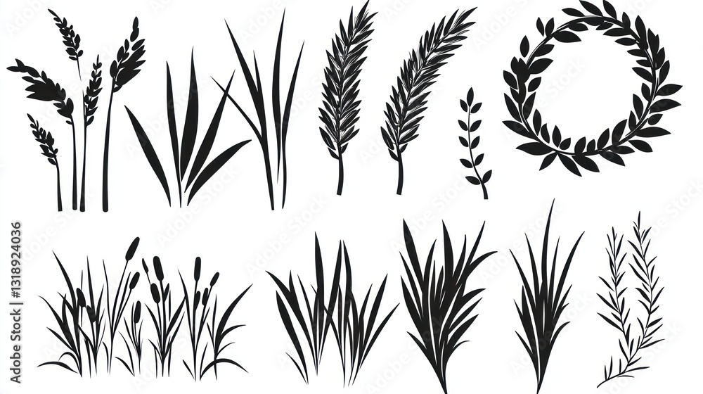 Naklejka premium Collection of black and white silhouette plants. Possible use Design element for a nature themed print
