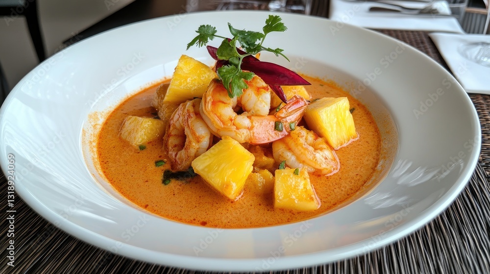 Delicious Shrimp Curry with Pineapple and Herbs in Elegant Restaurant Setting Perfect for Culinary Photography Delicious Shrimp Curry with Pineapple and Herbs in Elegant Restaurant Setting Perfect for Culinary Photography