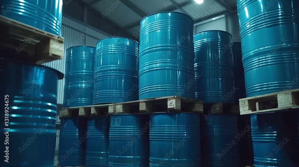 Blue chemical barrels stacked on wooden pallets in a warehouse awaiting shipment Blue chemical barrels stacked on wooden pallets in a warehouse awaiting shipment