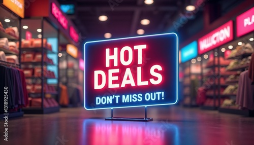 Neon retail promotion background, vibrant celebratory colors, Hot Deals - Don’t Miss Out!, copy space