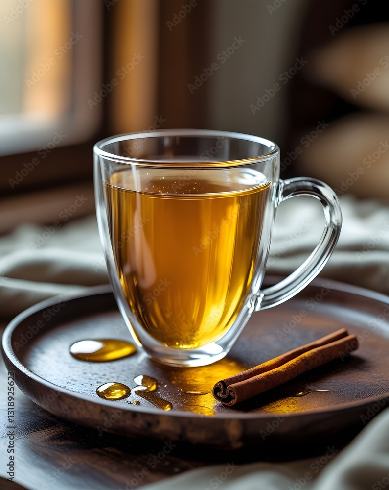 Fototapeta premium Minimalist Tea Mockup with Golden Honey and Cinnamon Stick