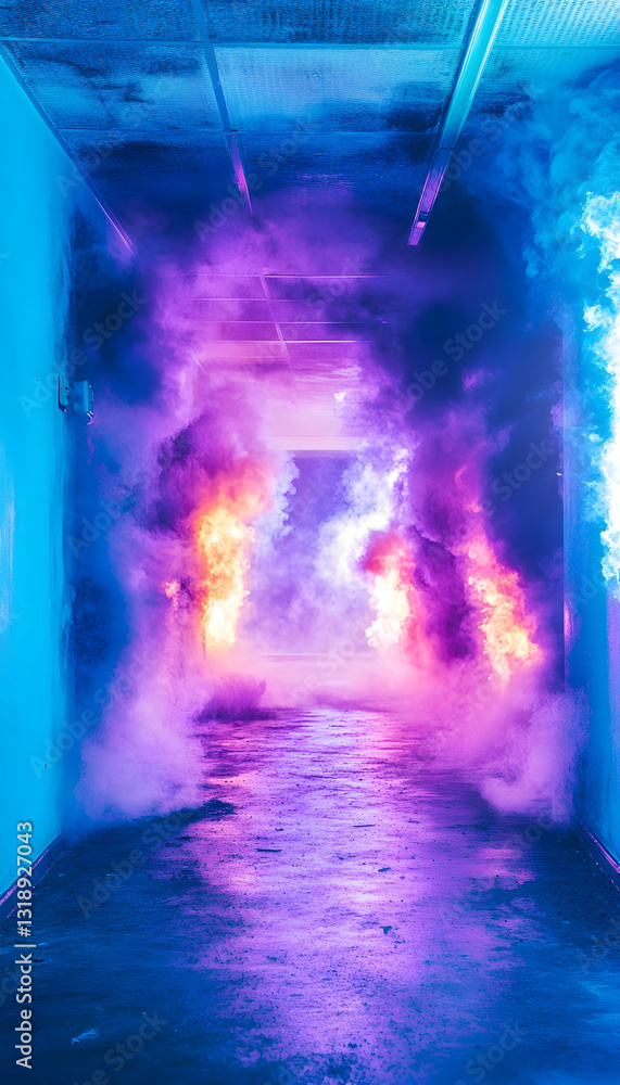 Abstract corridor filled with vibrant purple and orange smoke Abstract corridor filled with vibrant purple and orange smoke