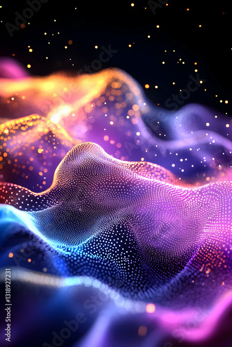 Abstract digital landscape of vibrant, swirling, glowing particles photo
