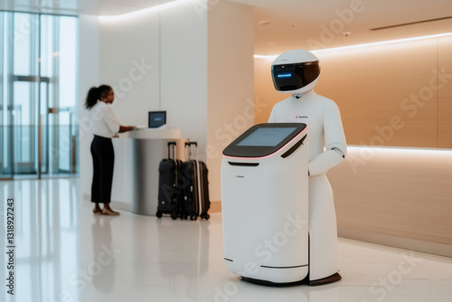 Humanoid robot assisting travelers with check in and luggage in airport lobby