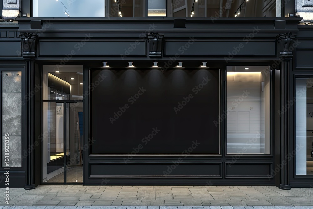 Detailed Image of Horizontal Black Empty Signage on Clothes Shop Front with Copy Space Detailed Image of Horizontal Black Empty Signage on Clothes Shop Front with Copy Space