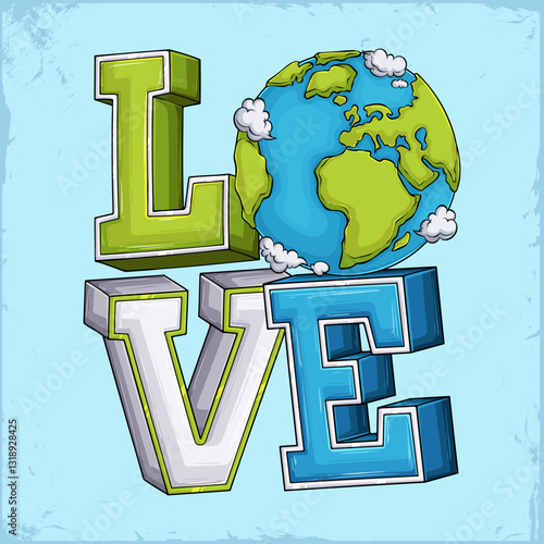 Hand drawn Love label  with the global earth planet celebrating the April green earth day event