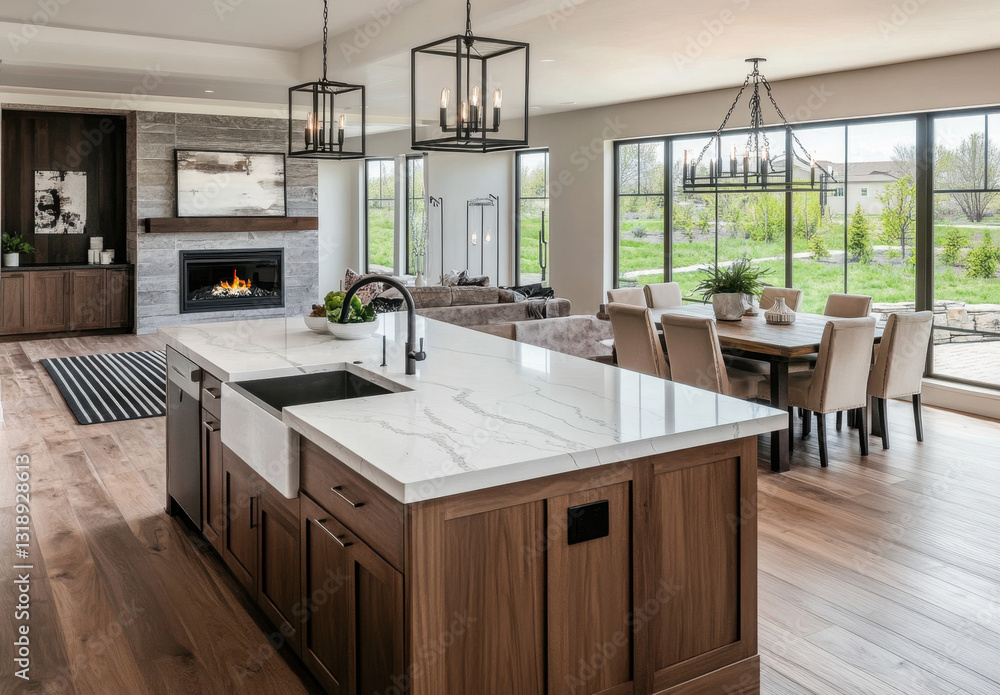 Fototapeta premium Bright and airy modern farmhouse kitchen with a large island, wooden cabinetry, and cozy dining area connected to scenic outdoor views
