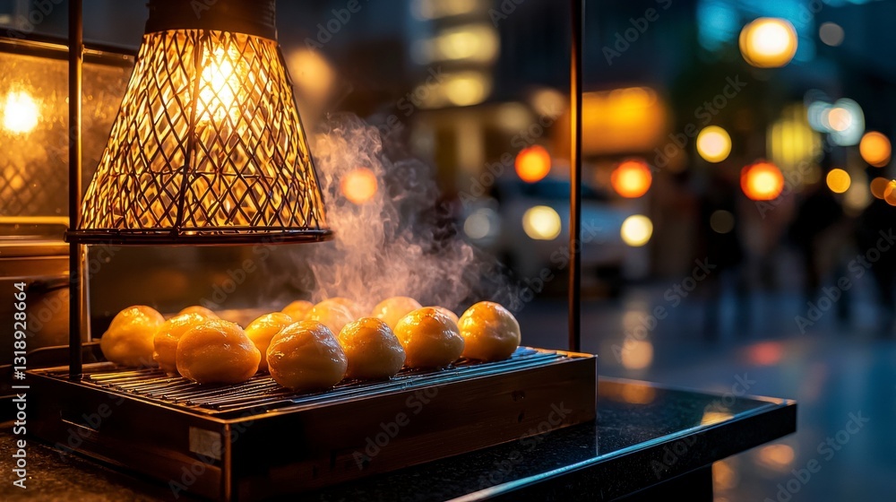 Naklejka premium Lively street food vendor in osaka grilling takoyaki with fresh oranges creating a flavorful atmosphere and exciting culinary experience